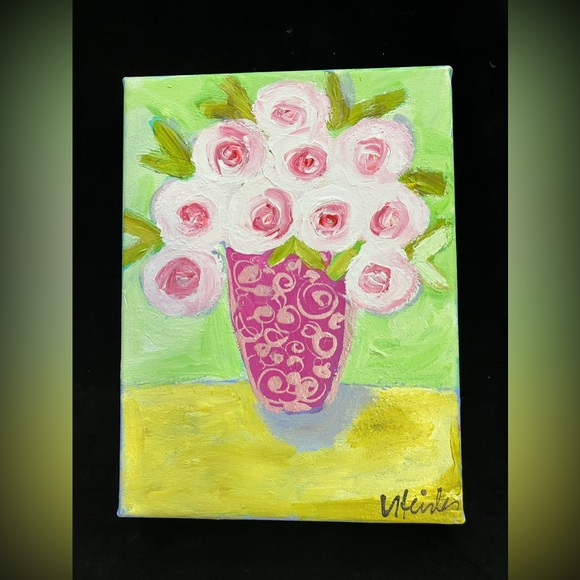 Pink Peonies “ An Original Still Life Acrylic Painting  12”x9” On Canvas - Picture 2 of 10